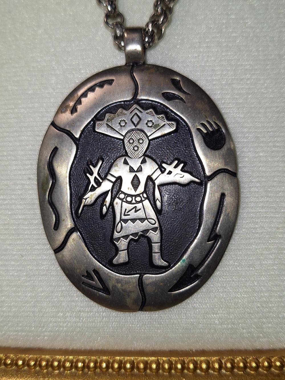 Nickel Bell  Trading Post Southwest Native American style oval pendant Necklace